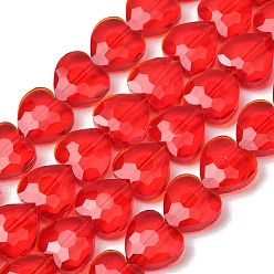 Red Transparent Glass Beads Strands, Heart, Faceted, Red, 10x10x4.5mm, Hole: 1mm, about 70pcs/strand, 25.83''(65.6cm)