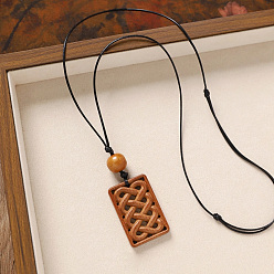 Rectangle Деревянная подвеска, черный вощеный шнур, длинные цепочки для женщин, прямоугольные, 31.50 дюйм (80 см), Кулон : 70x30 мм
