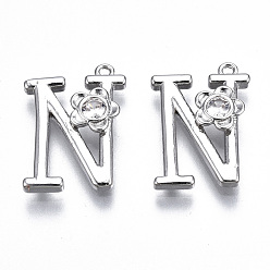 Letter N Латунные подвески, со стразами, без кадмия, без никеля и без свинца, алфавит, платина, letter.n, 17.5x12.5x2.5 мм, отверстие : 1 мм