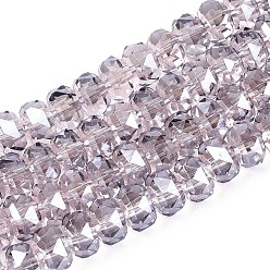 Фламинго Гальванизируйте прозрачное стекло бисер нитей, рондель, граненые, фламинго, 7.5~8x4.5~5.5 мм, отверстие : 1.2~1.4 мм, около 34~37 шт / нитка, 7.09~7.28 дюйм (18~18.5 см)