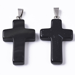 Природный Драгоценный Камень Подвески из натурального черного драгоценного камня, со случайной защелкой из нержавеющей стали, крестик, 44~46x27~29x6~8 мм, отверстие : 4x8 мм
