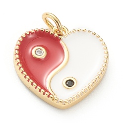 Красный Латунные микро проложить кубического циркония подвески, с эмалью, долговечный, реальный 18 k позолоченный, сердце с Инь Ян, красные, 15x15x2.5 мм, отверстие : 3 мм