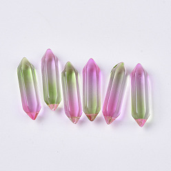 Разноцветный Двухцветные стеклянные двойные оконечные бусины, нет отверстий / незавершенного, пуля, красочный, 30~32x8~9x8 мм