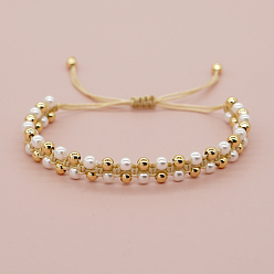 Beige Handmade Woven Faux Pearl and Brass Round Braided Bead Bracelets, Golden, Beige, 11.02 inch(28cm)
