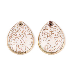 (404) Непрозрачное AB Кислое яблоко Подвески-капли из окрашенной синтетической бирюзы, с золотым латунным краем, цветочный белый, 39x29x7 мм, отверстие : 1.5~1.6 мм