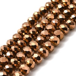 Copper Plated Electroplate Transparent Glass Beads Strands, Full Plated, Faceted, Rondelle, Copper Plated, 8x6mm, Hole: 1mm, about 63~65pcs/strand, 39~40cm