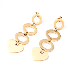 Golden 304 Stainless Steel Dangle Stud Earrings, Multi-Layer Earrings, with Ear Nuts, Heart and Oval, Golden, 60mm, Pin: 0.7mm