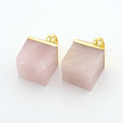 Rose Quartz Natural Rose Quartz Gemstone Cube Pendants, with Golden Plated Brass Finding, 25x16x16mm, Hole: 5x8mm