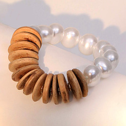 Перу Эластичные браслеты из пластикового жемчуга и натурального кокоса для женщин, круглый и плоский круглый, Перу, внутренний диаметр: 2-3/8 дюйм (6 см)