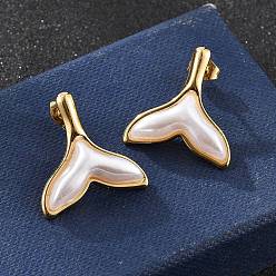 Золотой 201 серьги-гвоздики в форме хвоста русалки из нержавеющей стали, с 304 штифтами из нержавеющей стали и пластиковой имитацией жемчуга, ионное покрытие (ip), золотые, 22x21.5 мм