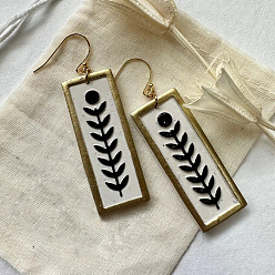 Белый Серьги-подвески из цинкового сплава с эмалью, прямоугольник с рисунком листьев, золотой свет, белые, 30x12 мм