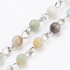 Amazonite Handmade Amazonite Beaded Chains, Unwelded, with Iron Eye Pin, 39.37 inch, 1m/strand