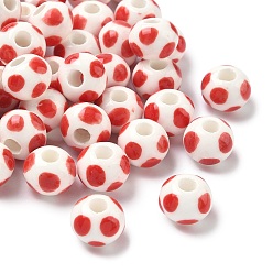 Красный Фарфора ручной работы европейский бусины, круглый в горошек, красные, 12x9~9.5 мм, отверстие : 4 мм