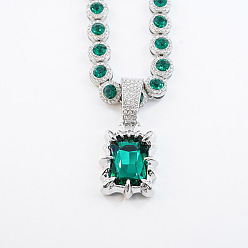 Изумруд Теннисные ожерелья с прямоугольным кулоном из сплава горного хрусталя, платина, изумруд, 19.69 дюйм (50 см)