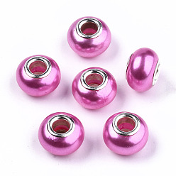 Фуксин Искусственный жемчуг стиль смолы европейские бусины, бусины с большими отверстиями в форме шайбы, с двойных ядер серебрянного цвета, фуксиново-красные, 14x9 мм, отверстие : 5 мм