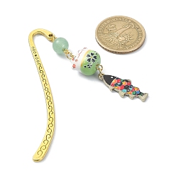 Зеленый Авантюрин Закладка манэки-нэко в японском стиле, Подвеска-закладка Lucky Cat & Fish с натуральным круглым зеленым авантюрином, закладки с крючками из сплава, 84 мм
