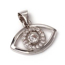 Platinum Brass Micro Pave Clear Cubic Zirconia Pendants, Long-Lasting Plated, Eye, Platinum, 13x17x2.5mm, Hole: 5x3.5mm