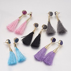 Mixed Color Tassel Dangle Stud Earrings, with Brass Findings and Dyed Natural Druzy Crystal, Mixed Color, 72~76mm, Pin: 0.8mm, Pendant: 60~63x7mm