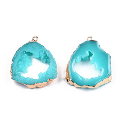 Голубой Кулон с дружескими смолами, имитация жеоды друзы дольки агата, с лёгкими позолоченными железными петлями, самородки, голубой, 38~39x32.5~33.5x7~8 мм, отверстие : 1.6 мм