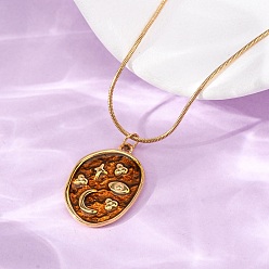 Oval Подвеска из латуни с эмалью 304 Круглая цепочка-змейка из нержавеющей стали для женщин, золотые, темно-оранжевый, овальные, 16.54 дюйм (42 см)
