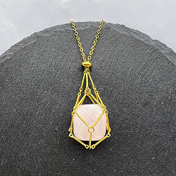 Розовый Кварц Натуральный розовый кварц самородки макраме мешочек кулон 201 ожерелья из нержавеющей стали цепи, реальный 18 k позолоченный, 23.62 дюйм (60 см)