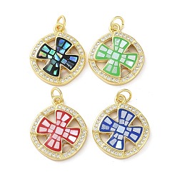 Mixed Color Brass Micro Pave Clear Cubic Zirconia Pendants, Cadmium Free & Lead Free, with Enamel, Shell and Jump Ring, Real 18K Gold Plated, Flat Round with Cross, Mixed Color, 21x17.5x2.8mm, Hole: 3.6mm