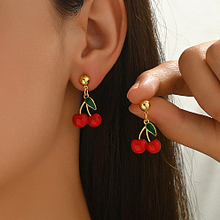 Вишня Стильные латунные серьги-гвоздики, золотые, вишня, 27x17 мм