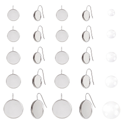 Stainless Steel Color 40Pcs 5 Styles Flat Round 304 Stainless Steel Earring Hooks Settings, with 40Pcs Transparent Glass Cabochons, for DIY Earring Making Kits, Stainless Steel Color, 18mm, 21 Gauge, Pin: 0.7mm, 8pcs/style