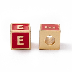 Letter E Стойки покрытие латунь эмаль бисер, без кадмия, без никеля и без свинца, реальный 18 k позолоченный, куб с письмом, красные, letter.e, 6x6x6 мм, отверстие : 2.5 мм