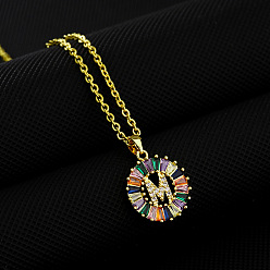 Letter M Латунные паве цветные кубические цирконии начальные кольца подвески ожерелья, 304 из нержавеющей стали кабель цепи ожерелья, золотые, Буква М, 17.72 дюйм (45 см)