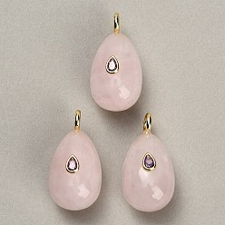Rose Quartz Natural Rose Quartz Pendants, Teardrop Charms, with Brass Pave Cubic Zirconia Findings, Golden, 38~39.5x20~21x21.5~22.5mm, Hole: 4.5mm