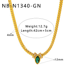 Темно-Зеленый 304 Подвеска из нержавеющей стали с инкрустацией кубическим цирконием в виде конского глаза, плоская цепочка-змейка для женщин, реальный 18 k позолоченный, темно-зеленый, 16.54 дюйм (42 см)