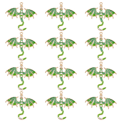 Зелено-Желтый 12подвески из эмали с покрытием из сплава, со стразами, очарование дракона, золотые, зеленый желтый, 38x41x4 мм, отверстие : 1.6 мм