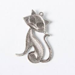 Antique Silver Tibetan Style Alloy Kitten Pendants, Lead Free & Cadmium Free, Cartoon Cat Shape, Antique Silver, 46x30x5mm, Hole: 2mm