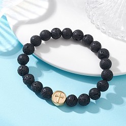 Лавовый камень Круглые браслеты из натуральных бусин лавового камня, эластичные., 304 Плоское круглое украшение из нержавеющей стали с крестообразными бусинами для женщин, бусины : 8.5 мм, внутренний диаметр: 1.93 дюйм (4.9 см)