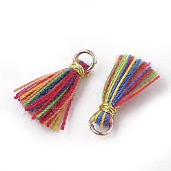Mixed Color Polycotton(Polyester Cotton) Tassel Pendant Decorations, Mini Tassel, with Iron Findings and Metallic Cord, Light Gold, Mixed Color, 10~15x2~3mm, Hole: 1.5mm