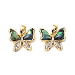 Настоящее золото 18K Подвески из латуни, ракушек пауа и прозрачных кубических цирконий, бабочки прелести, реальный 18 k позолоченный, 13.5x15.5x4 мм, отверстие : 4.5x2.5 мм