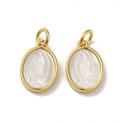 Настоящее золото 18K Покрытие стойки латунь паве ракушка овальные подвески, Религия Мэри Девственные обереги с кольцом для прыжков, долговечный, без свинца и без кадмия, реальный 18 k позолоченный, 14.5x9.5x3 мм, отверстие : 3 мм