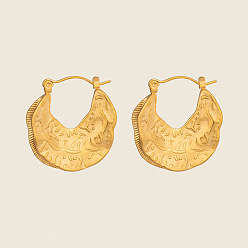 Настоящее золото 18K Винтажный стиль, текстурированная луна 304 серьги-кольца из нержавеющей стали, реальный 18 k позолоченный, 26.7x25.4 мм