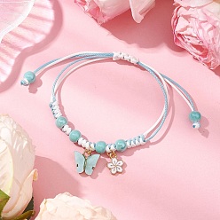 Средний Аквамарин Регулируемые браслеты из нейлонового шнура с плетеными бусинами для женщин, бабочки и цветы, с фарфоровыми и эмалевыми подвесками, средний аквамарин, внутренний диаметр: 3-3/8 дюйм (8.7 см)