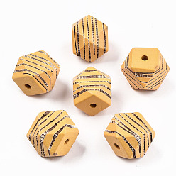 Оранжевый Расписные бусы из натурального дерева, лазерная гравировка, граненые, многоугольник с полосой зебры, оранжевые, 16x15.5~16.5x15.5~16.5 мм, отверстие : 3 мм