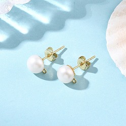 Golden 304 Stainless Steel Stud Earring Findings, Round, with Grade AAA Natural Cultured Freshwater Pearl Beads, with Loop, Golden, 18.5x8.5mm