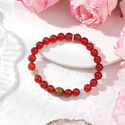 Красный Агат Эластичные браслеты из натурального сердолика и тигрового глаза, внутренний диаметр: 2-1/8~2-1/4 дюйм (5.5~5.7 см)