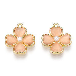 Персиковый Слойка Стойки подвески обшивки сплава, с имитацией жемчуга из абс-пластика и кошачьим глазом, без кадмия и без свинца, клевер, розовые, 19.5x17x4.5 мм, отверстие : 1.5 мм