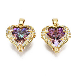 Real 16K Gold Plated Brass Medium Violet Red Cubic Zirconia Pendants, Nickel Free, Heart, Real 16K Gold Plated, 16.5x15.5x7.5mm, Hole: 3mm