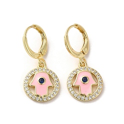 Pink Hamsa Hand Golden Brass Dangle Leverback Earrings, with Enamel and Cubic Zirconia, Pink, 27x12mm