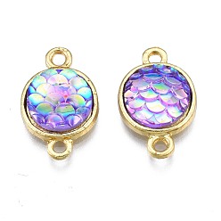 Lilac Alloy Resin Links connectors, Flat Round with Mermaid Fish Scale Shaped, Light Gold, Lilac, 18.5x11x4.5mm, Hole: 1.8mm