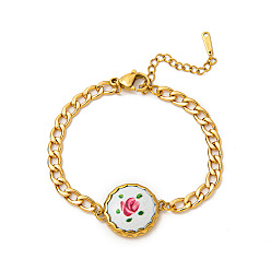 Золотой 304 из нержавеющей стали эмаль ссылка браслеты, браслеты из цепочек панцирного плетения для женщин, цветок, белые, золотые, 7.09 дюйм (18 см)