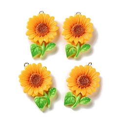 Золотистый Непрозрачные подвески смолы, очарование подсолнуха, с железной платиной петлей, золотые, 36x23x6 мм, отверстие : 2 мм