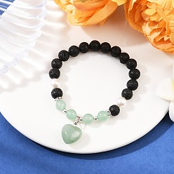 Зеленый Авантюрин Браслеты с подвесками в форме сердца из натурального зеленого авантюрина, эластичные браслеты из натуральных бусин из лавы для женщин, внутренний диаметр: 2-1/8 дюйм (5.5 см)